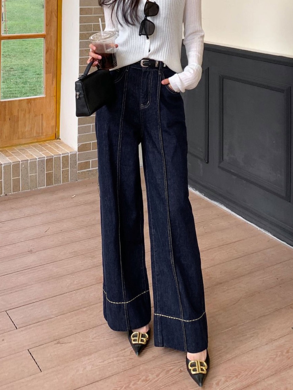 Commense Dark Wash Wide Leg Jeans Contrast Stitch High Rise Denim Size L